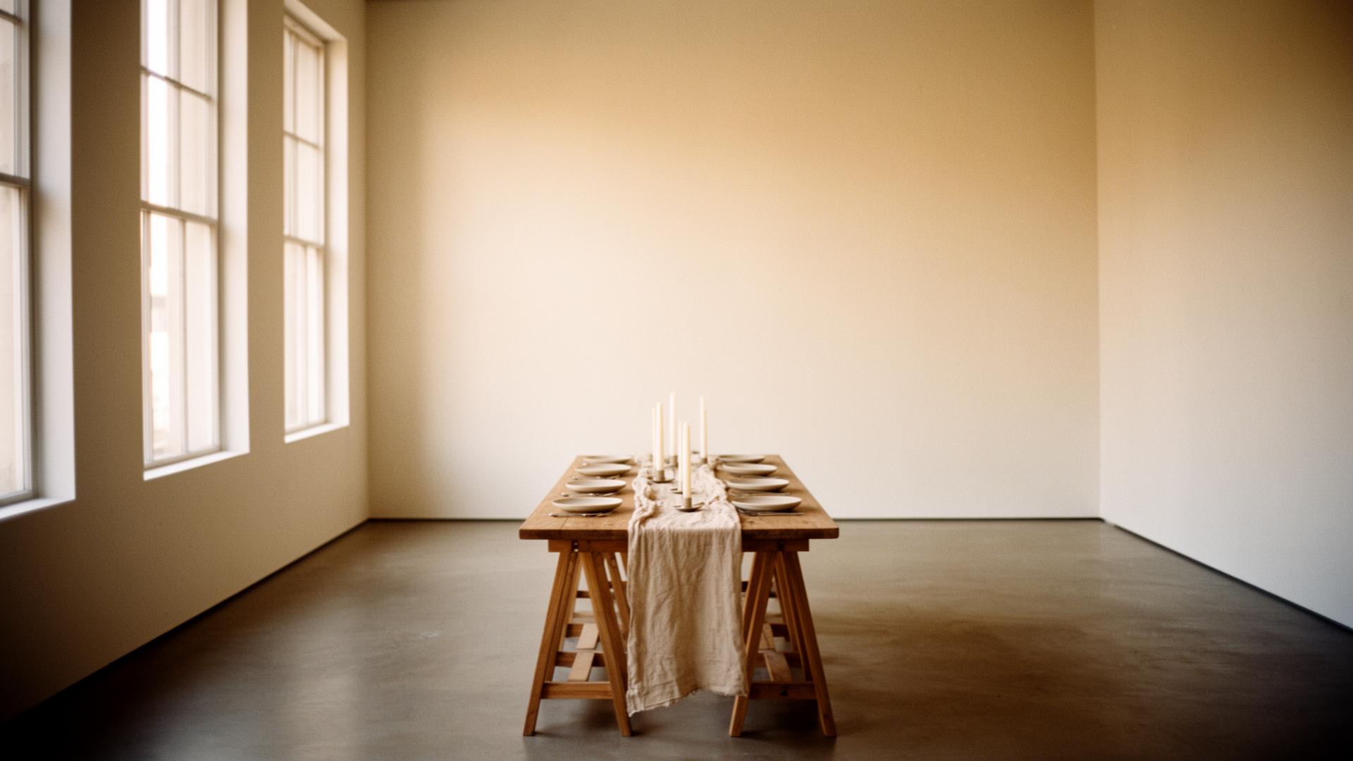 An empty sunlit room set with a single wooden trestle table