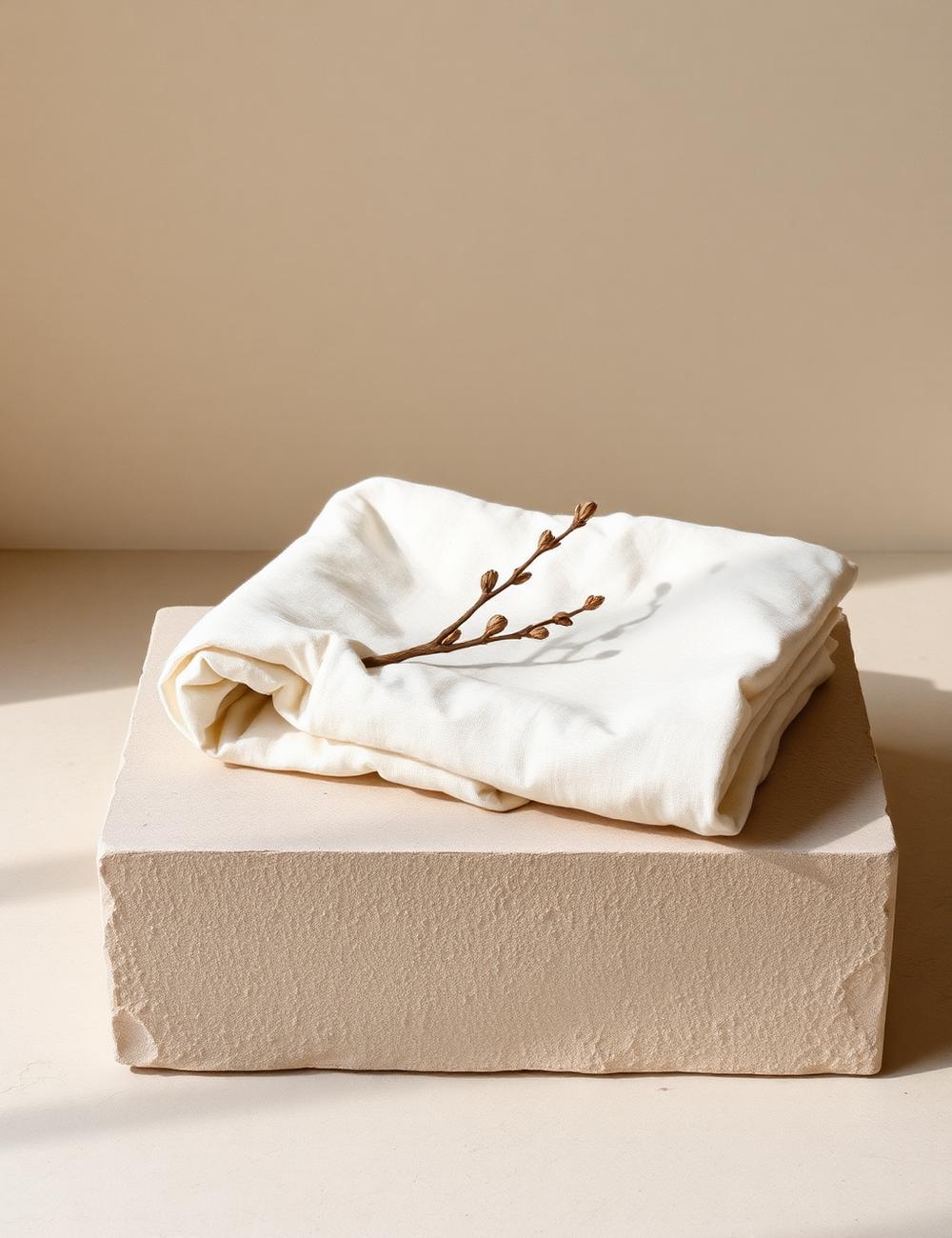 Folded linen and a dried branch on a stone plinth